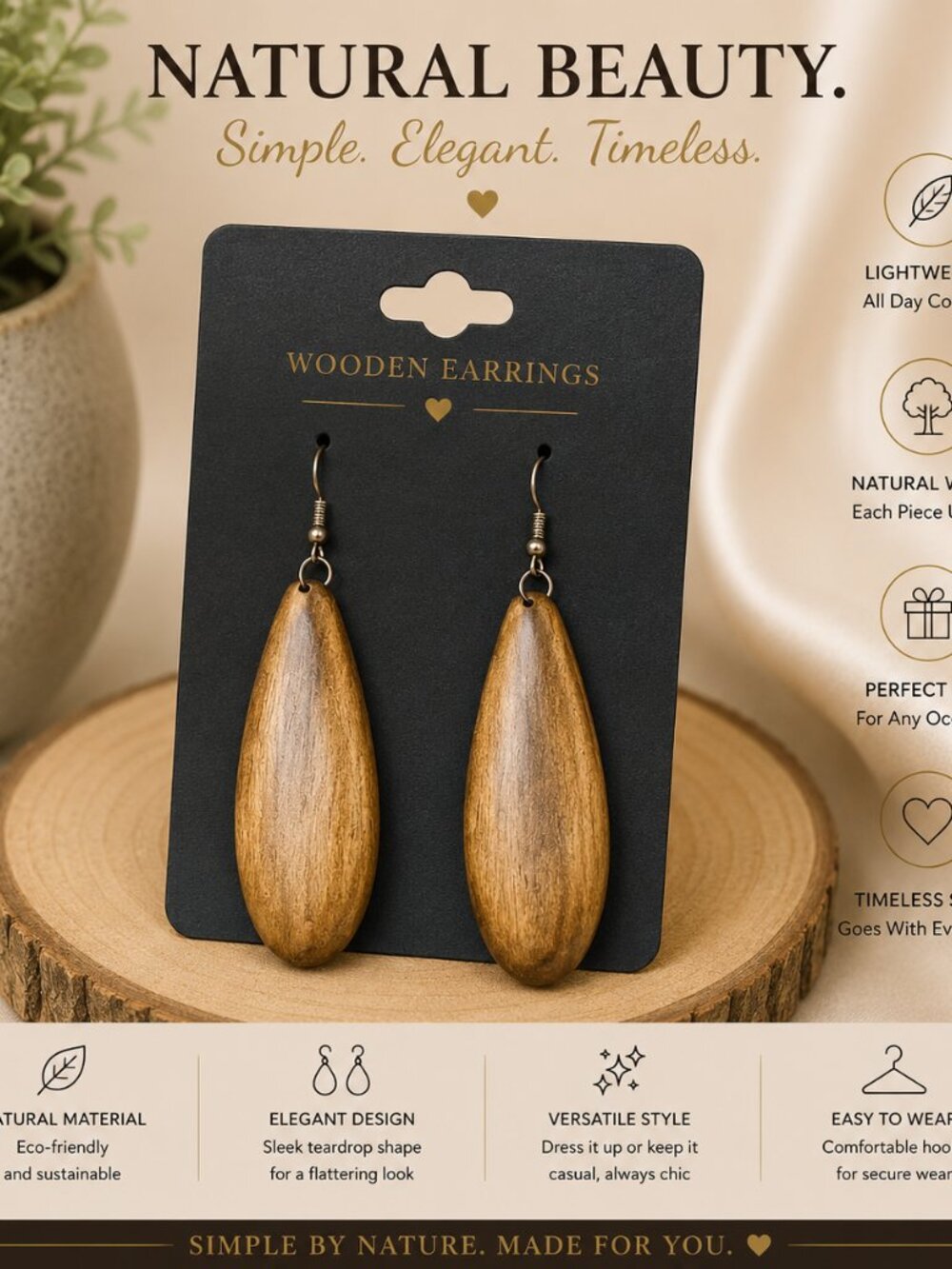 🤎 Natural Wooden Drop Earrings | Lightweight Boho Statement Earrings | Handmade